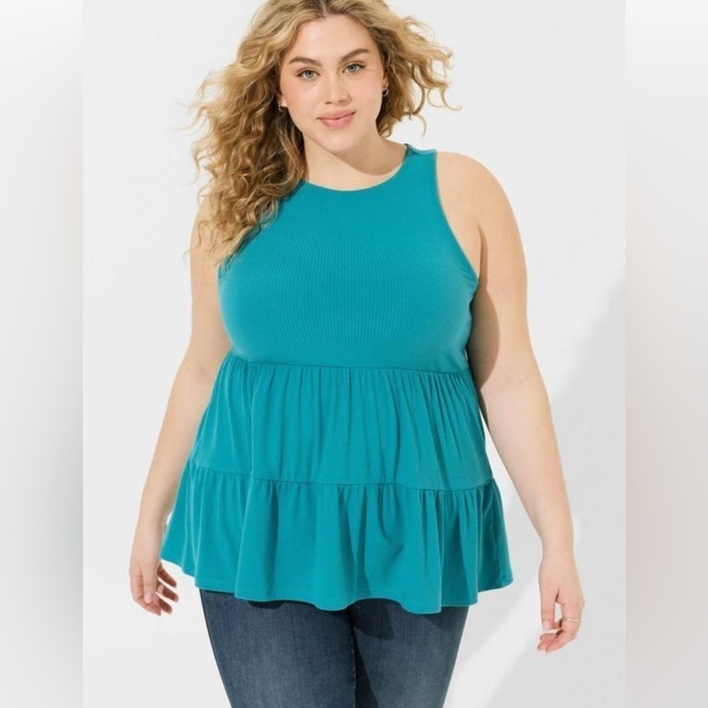 TORRID Super soft teal ribbed woman babydoll tiered cottagecore tank 3X